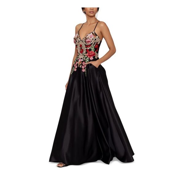 BLONDIE NITES Womens Black Lace-up Back Spaghetti Strap Gown Dress Juniors 1 - Picture 3 of 4